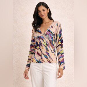 Milano Italy Abstract V Neck Top Multicolor Size S Long Sleeve Stretch Blouse
